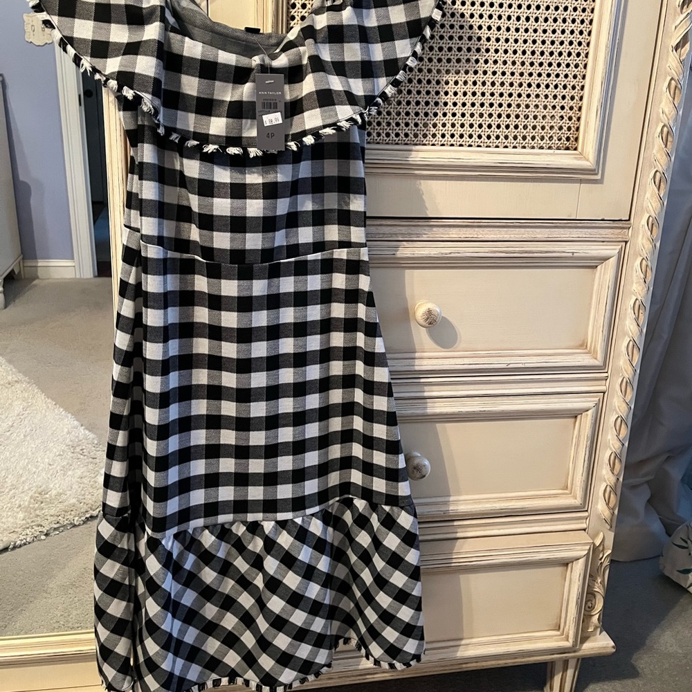 NEW Banana Republic black & white checked off the shoulder summer dress